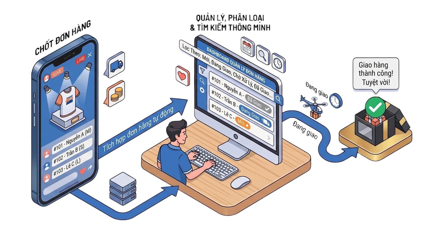 Minh họa tính năng quản lý đơn hàng thông minh LiveTracker